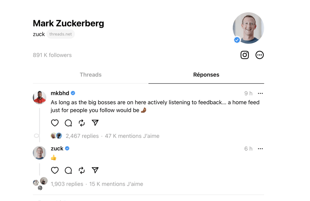 Sur Threads, Mark Zuckerberg a décidé de jouer la transparence. Il répond aux demandes et promet de ne pas troller, comme Elon Musk. Sur Threads, Mark Zuckerberg a décidé de jouer la transparence. Il répond aux demandes et promet de ne pas troller, comme Elon Musk.