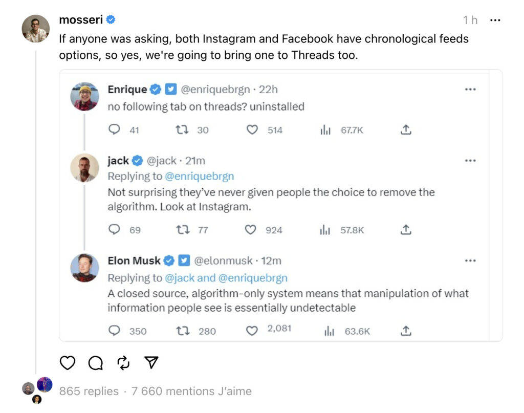 Sur Threads, le patron d'Instagram répond à Elon Musk et Jack Dorsey qui l'accusent de mentir sur le flux chronologique. Il va bien arriver. Sur Threads, le patron d'Instagram répond à Elon Musk et Jack Dorsey qui l'accusent de mentir sur le flux chronologique. Il va bien arriver.