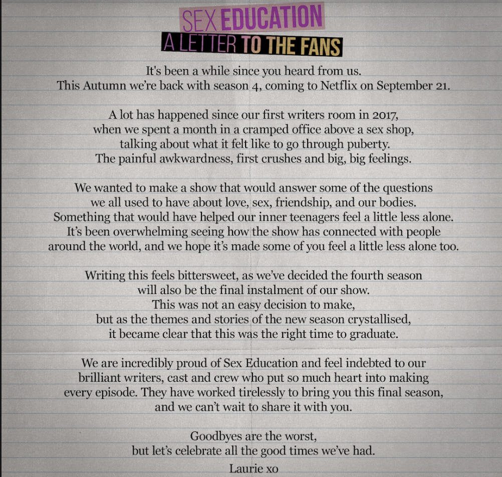 Lettre adressée aux fans de la série. // Source : Laurie Nunn. Netflix. Lettre adressée aux fans de la série. // Source : Laurie Nunn. Netflix.