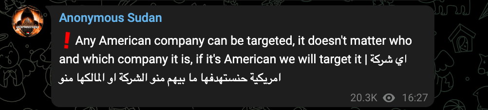 Anonymous Sudan menace toutes les entreprises américaines sur sa chaîne Telegram // Source : Capture d'écran Numerama Anonymous Sudan menace toutes les entreprises américaines sur sa chaîne Telegram // Source : Capture d'écran Numerama