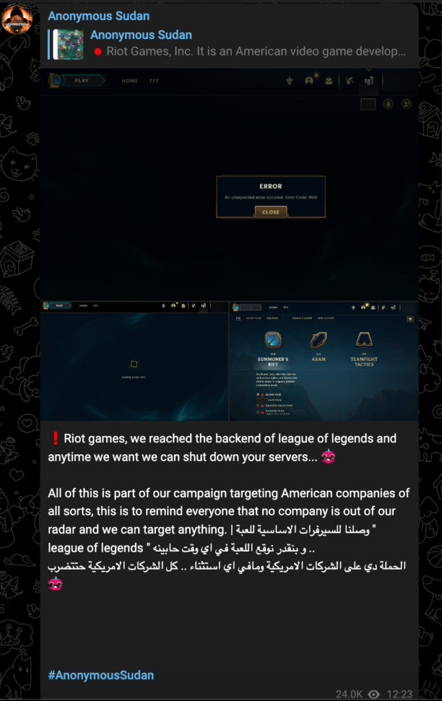 La menace d'Anonymous Sudan contre League of Legends // Source : Capture d'écran Numerama La menace d'Anonymous Sudan contre League of Legends // Source : Capture d'écran Numerama