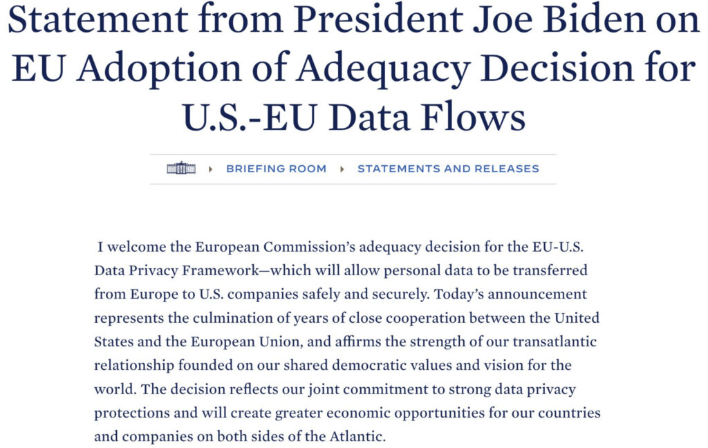 Le communiqué envoyé par la Maison-Blanche sur l'accord entre l'UE et les US. // Source : White House Le communiqué envoyé par la Maison-Blanche sur l'accord entre l'UE et les US. // Source : White House