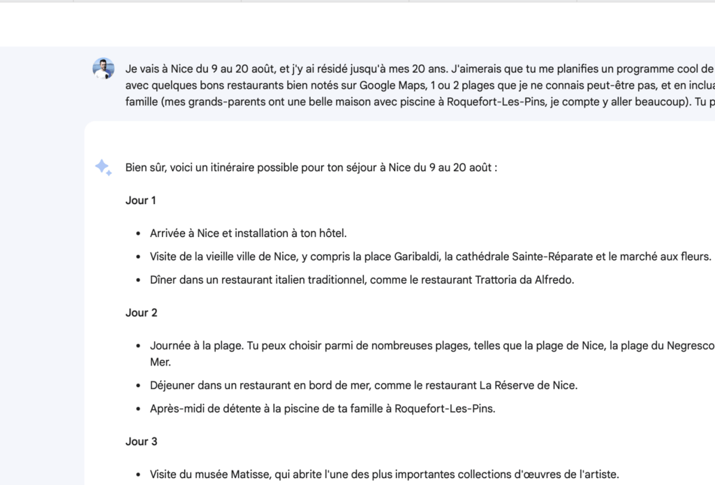Le programme de Bard est très vide. Il propose des choses que n'importe quel site conseillerait. ChatGPT propose un programme beaucoup plus détaillé. Le programme de Bard est très vide. Il propose des choses que n'importe quel site conseillerait. ChatGPT propose un programme beaucoup plus détaillé.