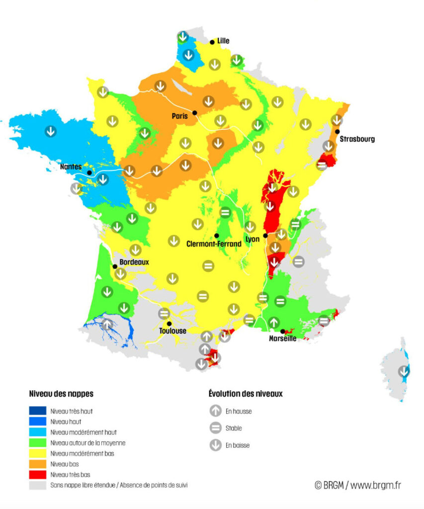 La carte des nappes phréatiques de France montre qu'une majorité d'entre elle sont sous les normales de saison // Source : BRGM La carte des nappes phréatiques de France montre qu'une majorité d'entre elle sont sous les normales de saison // Source : BRGM