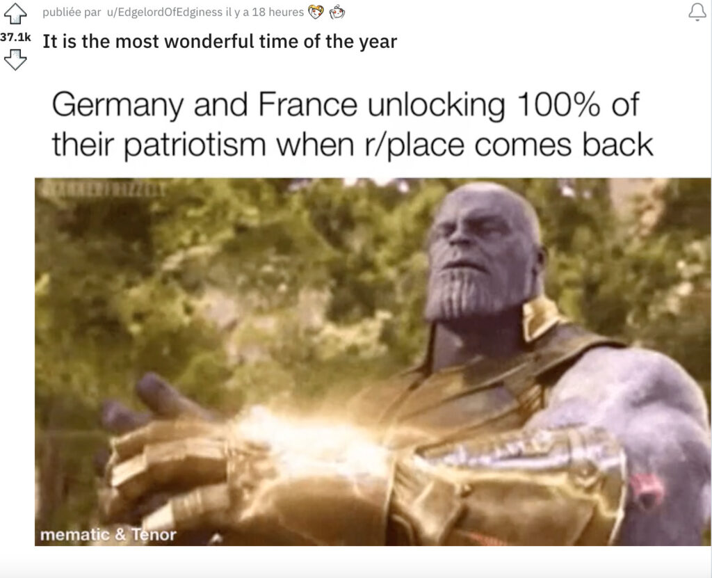 L'Allemagne et la France devenant 100% patriotes quand r/Place revient // Source : Reddit / Capture d'écran Numerama L'Allemagne et la France devenant 100% patriotes quand r/Place revient // Source : Reddit / Capture d'écran Numerama