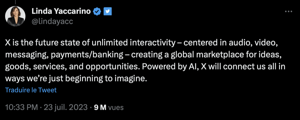 Dans ses tweets, Linda Yaccarino récite des messages marketing, sans aucune information concrète. Les internautes lui ont répondu sèchement. Dans ses tweets, Linda Yaccarino récite des messages marketing, sans aucune information concrète. Les internautes lui ont répondu sèchement.