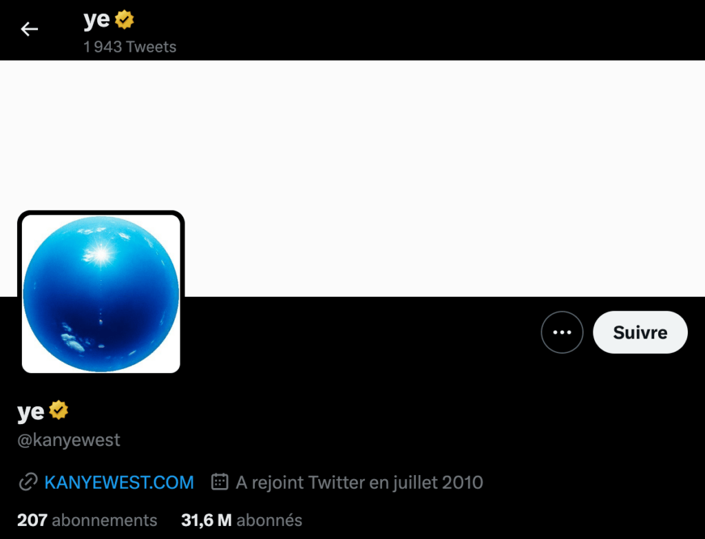 Le compte Twitter de Kanye West est certifié comme celui d'une entreprise // Source : Capture d'écran Numerama Le compte Twitter de Kanye West est certifié comme celui d'une entreprise // Source : Capture d'écran Numerama