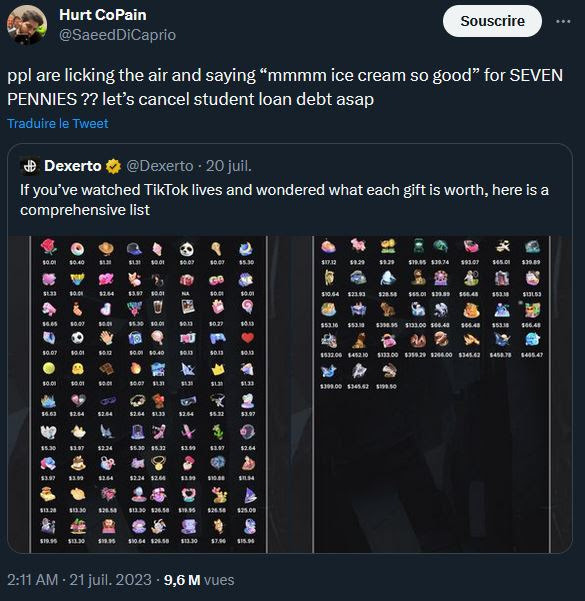 « Des gens lèchent de l'air en criant mhhhhhh trop bonne cette glace, et tout ça pour 7 centimes ?? Il est temps d'annuler les prêts étudiants. » // Source : Capture d'écran d'un tweet « Des gens lèchent de l'air en criant mhhhhhh trop bonne cette glace, et tout ça pour 7 centimes ?? Il est temps d'annuler les prêts étudiants. » // Source : Capture d'écran d'un tweet