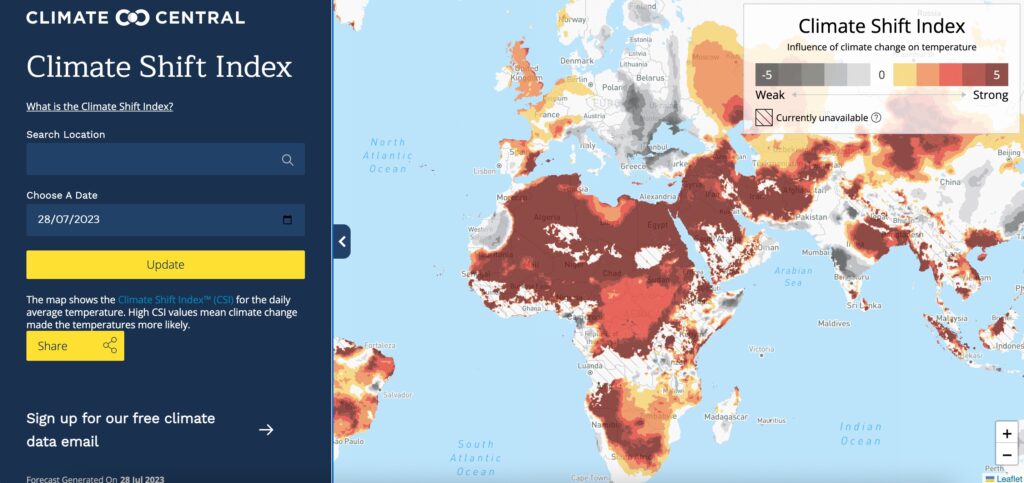 La carte montre l'impact du réchauffement climatique sur les températures du 28 juillet 2023 // Source : Climate Central La carte montre l'impact du réchauffement climatique sur les températures du 28 juillet 2023 // Source : Climate Central