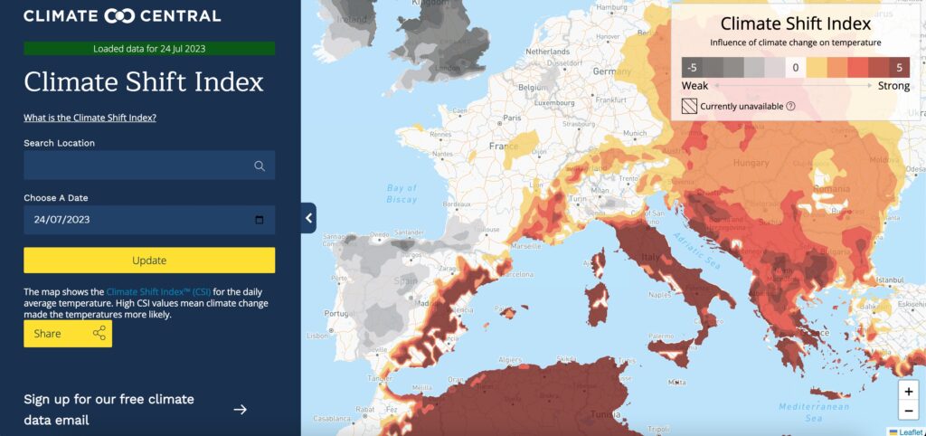 On voit que l'indice est de 5 au niveau de la Sardaigne, où les records de températures ont été battus le 24 juillet // Source : Climate Central On voit que l'indice est de 5 au niveau de la Sardaigne, où les records de températures ont été battus le 24 juillet // Source : Climate Central