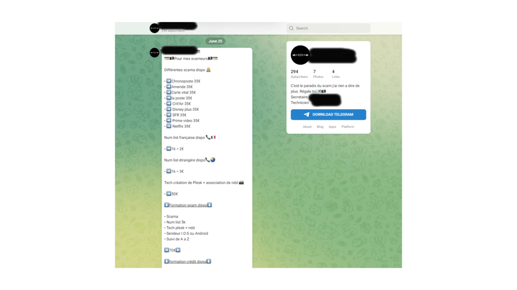 Un exemple de chaîne telegram proposant des services illégaux de smishing. Un exemple de chaîne telegram proposant des services illégaux de smishing.