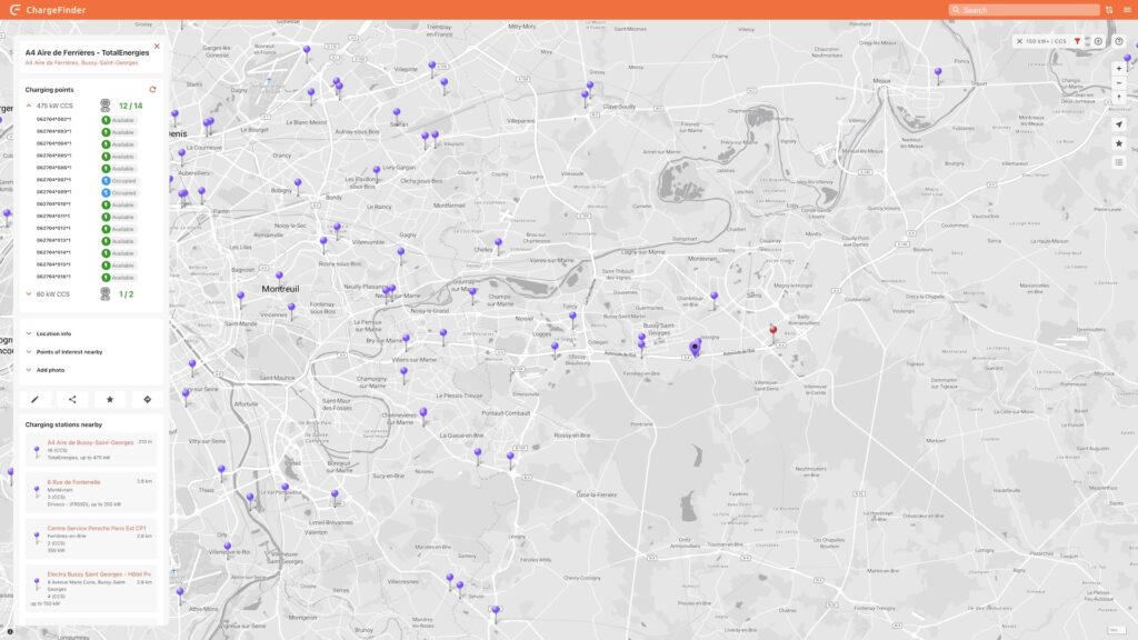 Chargefinder permet de filtrer sur les bornes que l'on veut voir, avec l'occupation en temps réel // Source : Chargefinder Chargefinder permet de filtrer sur les bornes que l'on veut voir, avec l'occupation en temps réel // Source : Chargefinder
