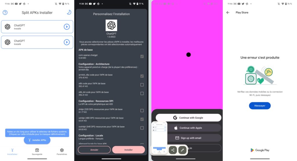 ChatGPT sur Android, de l'installation au lancement, puis à la redirection vers le Play Store. ChatGPT sur Android, de l'installation au lancement, puis à la redirection vers le Play Store.