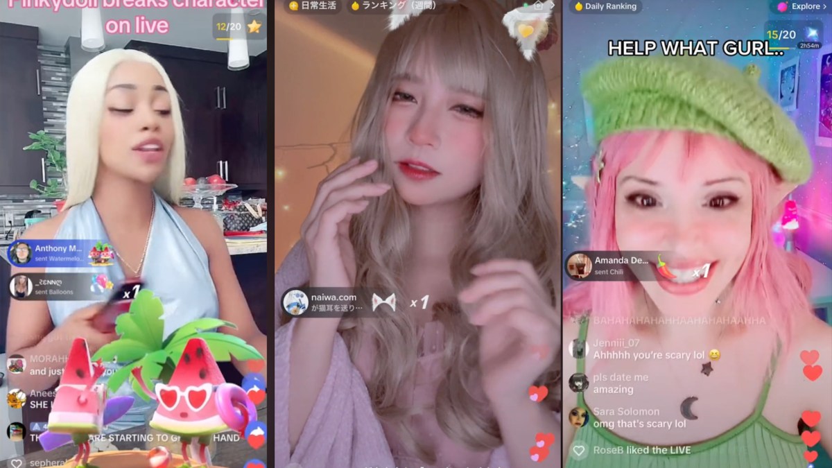 La nouvelle tendance TikTok des lives PNJ // Source : Pinkydoll,natuecoco et cherrycrush sur TikTok. Montage Numerama avec Canva. La nouvelle tendance TikTok des lives PNJ // Source : Pinkydoll,natuecoco et cherrycrush sur TikTok. Montage Numerama avec Canva.