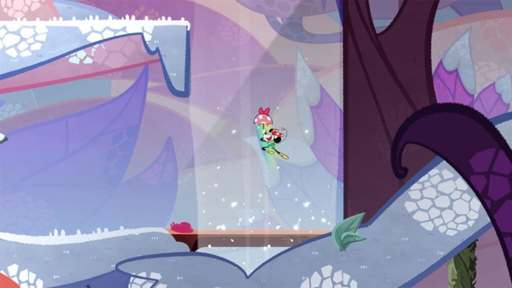 Minnie se laisse porter dans les airs pour atteindre d'autres plateformes dans Disney Illusion Island Minnie se laisse porter dans les airs pour atteindre d'autres plateformes dans Disney Illusion Island