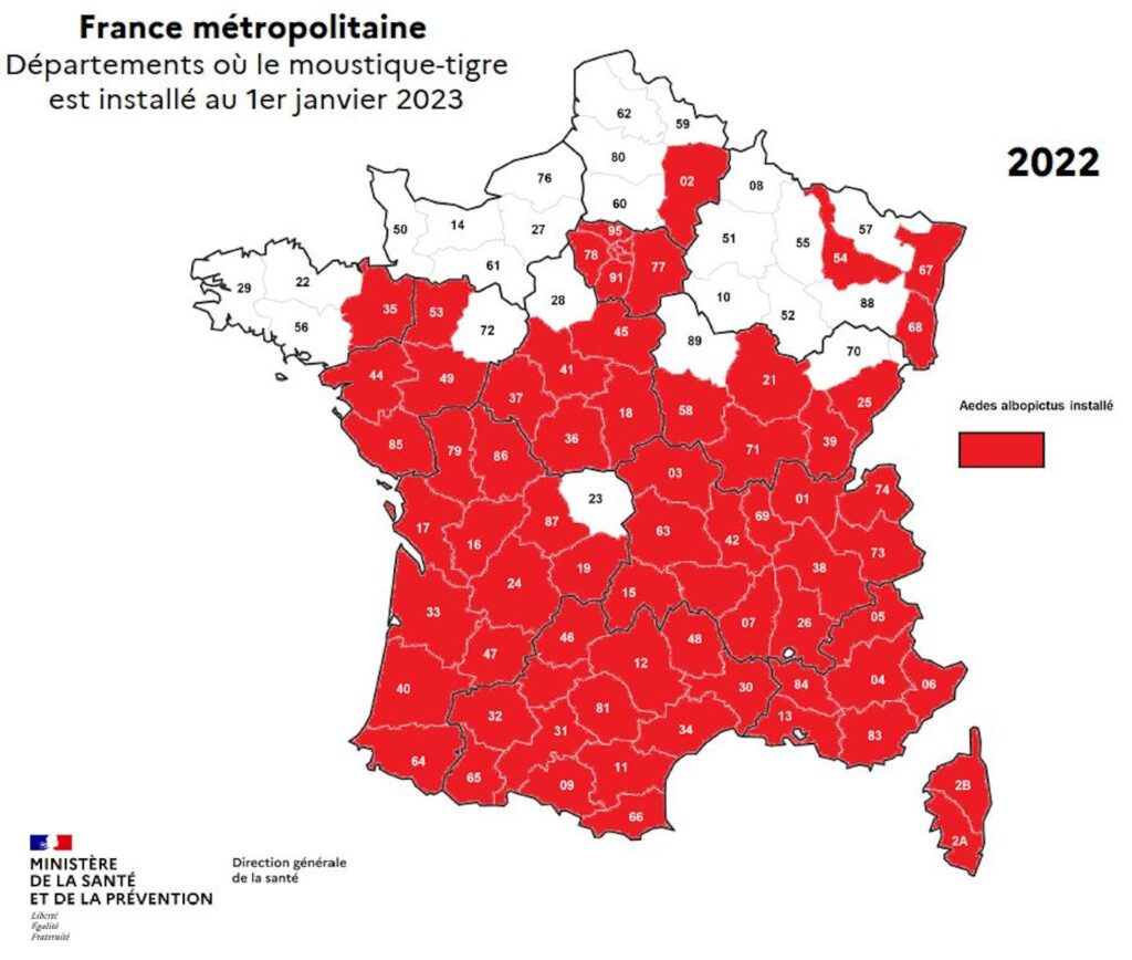 Au 1er janvier 2023, sur 96 départements de France métropolitaine, 71 départements sont colonisés par le moustique vecteur Aedes albopictus (moustique tigre) // Source : Ministère de la Santé et de la Prévention - Direction générale de la Santé Au 1er janvier 2023, sur 96 départements de France métropolitaine, 71 départements sont colonisés par le moustique vecteur Aedes albopictus (moustique tigre) // Source : Ministère de la Santé et de la Prévention - Direction générale de la Santé