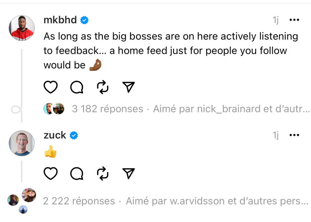 Mark Zuckerberg lui-même fait le SAV de Threads, ici sur le flux chronologique. Mark Zuckerberg lui-même fait le SAV de Threads, ici sur le flux chronologique.