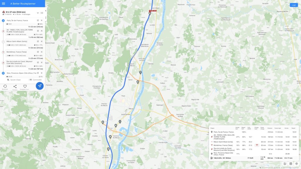 Les différents chargeurs rapides à proximité de Mâcon // Source : ABRP Les différents chargeurs rapides à proximité de Mâcon // Source : ABRP