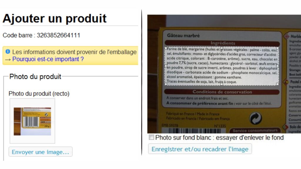 Exemples d'étapes pour l'ajout d'un produit à Open Food Facts. // Source : Captures d'écran Exemples d'étapes pour l'ajout d'un produit à Open Food Facts. // Source : Captures d'écran