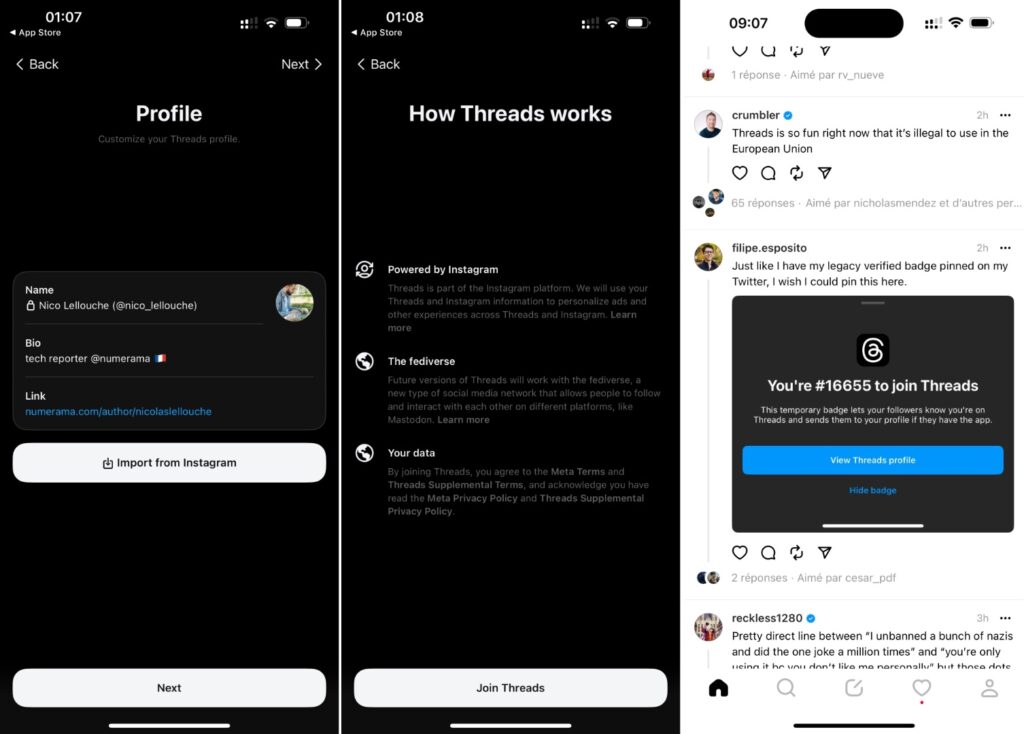 Voilà à quoi ressemble Threads à la première configuration. Voilà à quoi ressemble Threads à la première configuration.