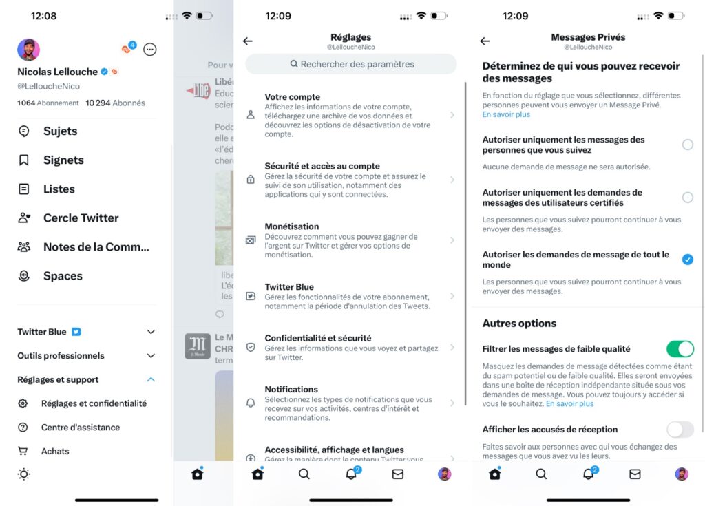 L'ouverture des DM depuis l'application. L'ouverture des DM depuis l'application.