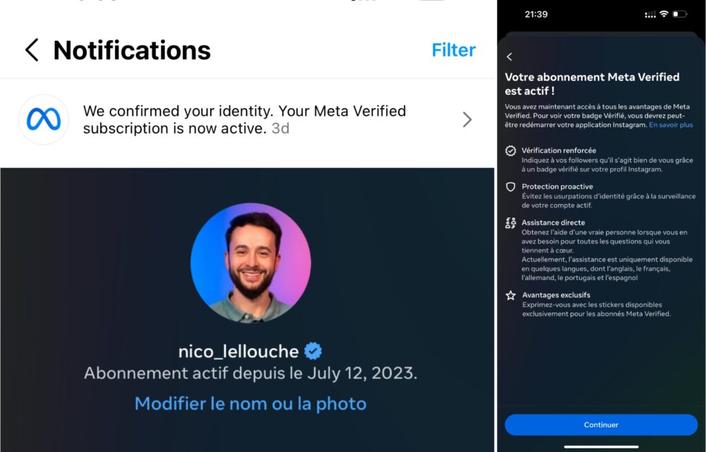 En allant sur Instagram, j'ai remarqué que mon badge bleu était apparu. Il y avait aussi une petite notification pour m'informer de la validation de mon identité. En allant sur Instagram, j'ai remarqué que mon badge bleu était apparu. Il y avait aussi une petite notification pour m'informer de la validation de mon identité.