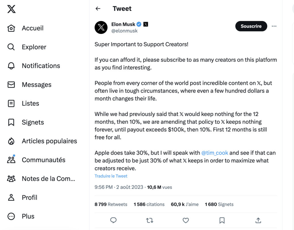 La publication d'Elon Musk sur le pourcentage prélevé par l'App Store. La publication d'Elon Musk sur le pourcentage prélevé par l'App Store.