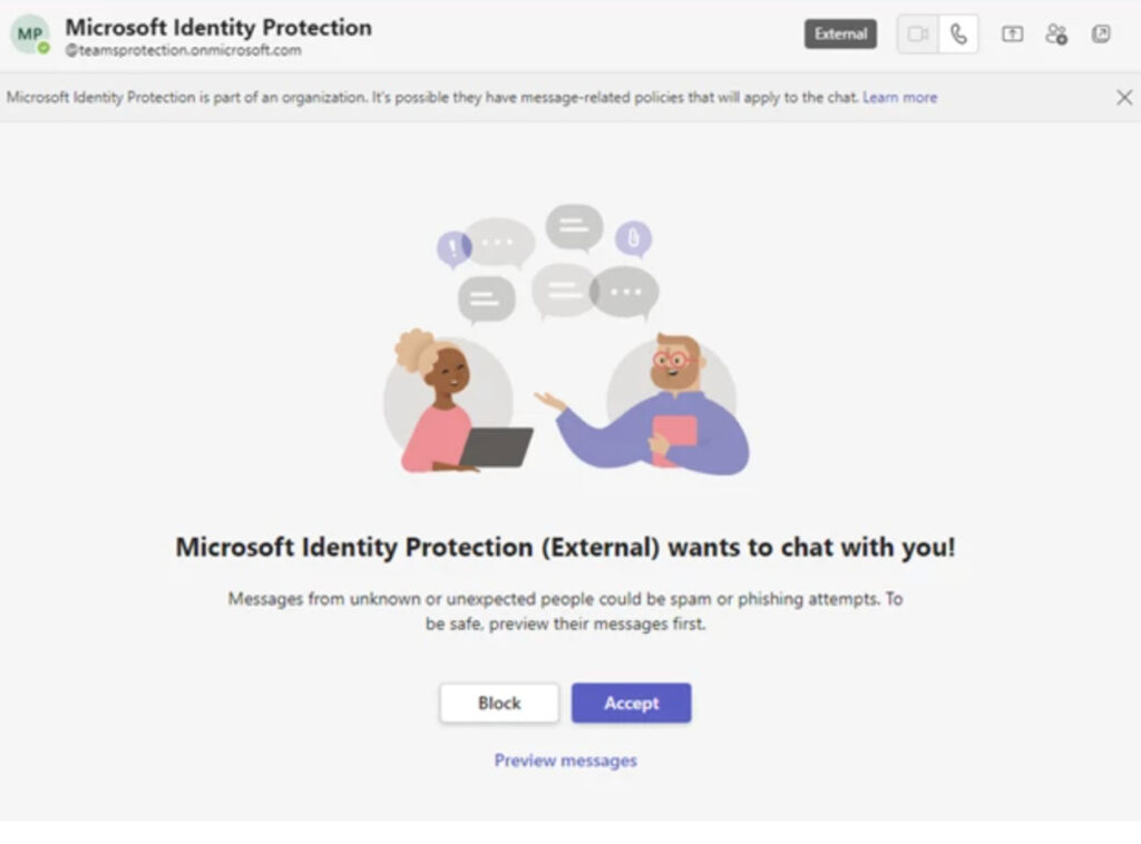 Un faux assistant de Microsoft Teams interagit avec une cible. // Source : Microsoft Un faux assistant de Microsoft Teams interagit avec une cible. // Source : Microsoft