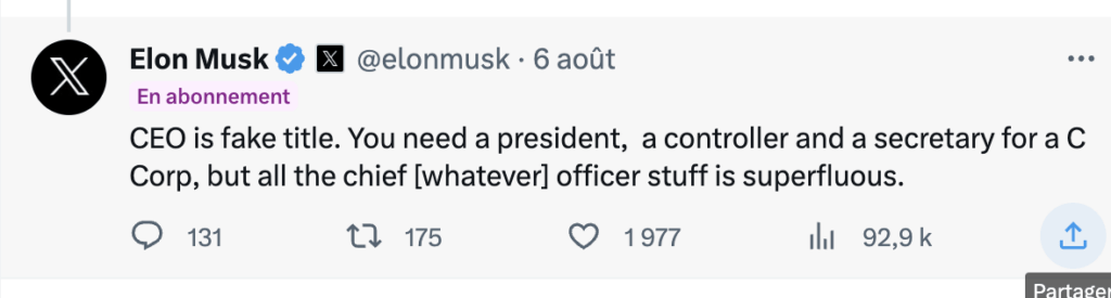 Elon Musk remet en cause l'existence du titre de CEO. Elon Musk remet en cause l'existence du titre de CEO.