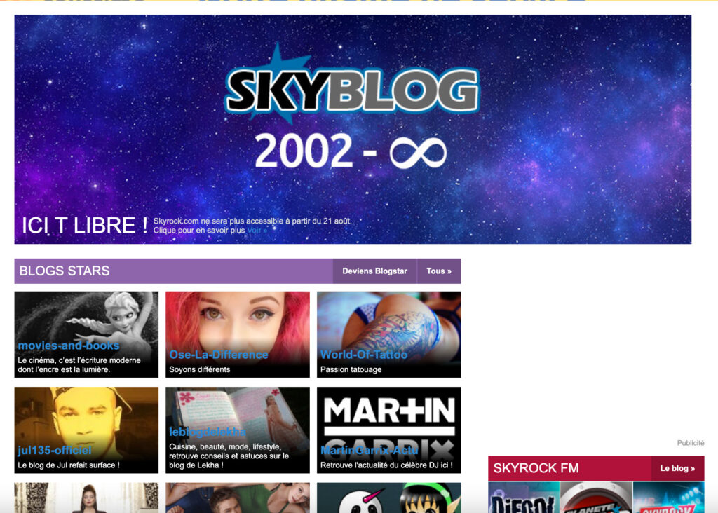 La page d'accueil de Skyblog, le 21 août 2023 // Source : Capture d'écran Numerama La page d'accueil de Skyblog, le 21 août 2023 // Source : Capture d'écran Numerama