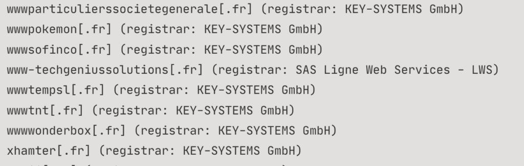Un exemple de noms de domaines frauduleux repérés par Nicolas Pawlak. // Source : Red Flag Domains