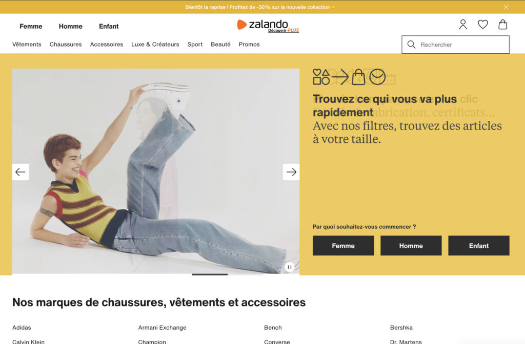 La page d'accueil de Zalando, qui ressemble à un site de e-commerce normal. La page d'accueil de Zalando, qui ressemble à un site de e-commerce normal.