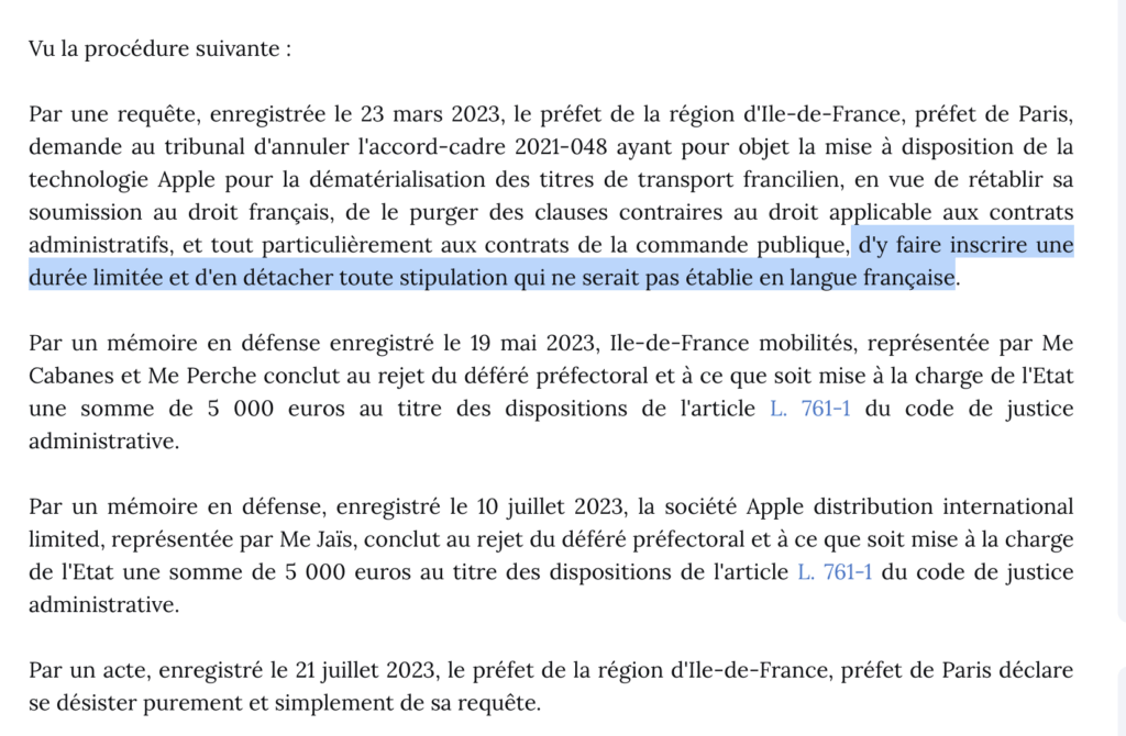 Le Préfet reprochait notamment la nature illimitée du contrat, alors qu’une date d’expiration est obligatoire légalement. Apple et ÎdFM se sont conformés. // Source : Tribunal administratif de Paris Le Préfet reprochait notamment la nature illimitée du contrat, alors qu’une date d’expiration est obligatoire légalement. Apple et ÎdFM se sont conformés. // Source : Tribunal administratif de Paris