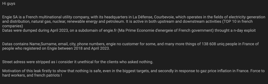 Le post avec la fuite sur un forum de hackers. // Source : Numerama Le post avec la fuite sur un forum de hackers. // Source : Numerama