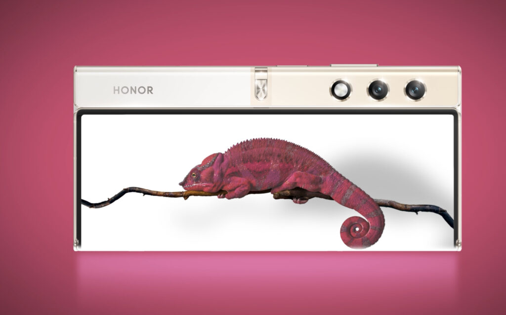 Comme le téléphone de Huawei, le Honor V Purse se déplie quand on appuie sur son bouton. Comme le téléphone de Huawei, le Honor V Purse se déplie quand on appuie sur son bouton.