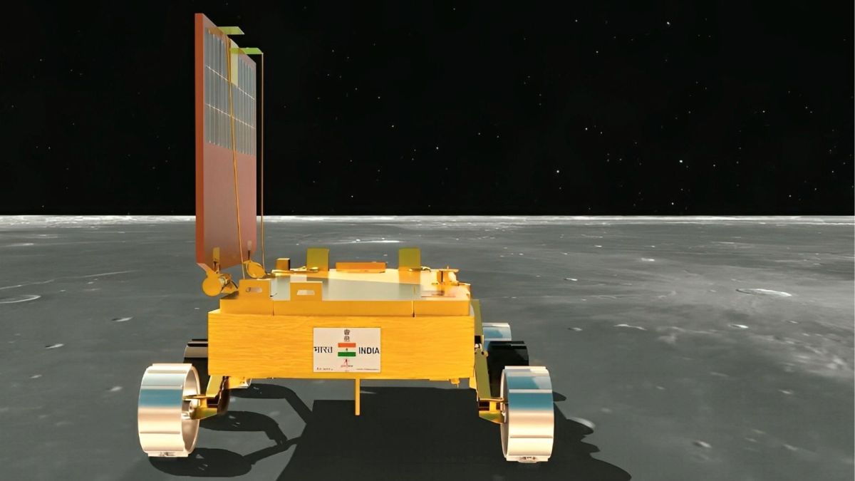 Vue d'artiste du rover Pragyan sur la Lune. // Source : Via X @chandrayaan_3 Vue d'artiste du rover Pragyan sur la Lune. // Source : Via X @chandrayaan_3