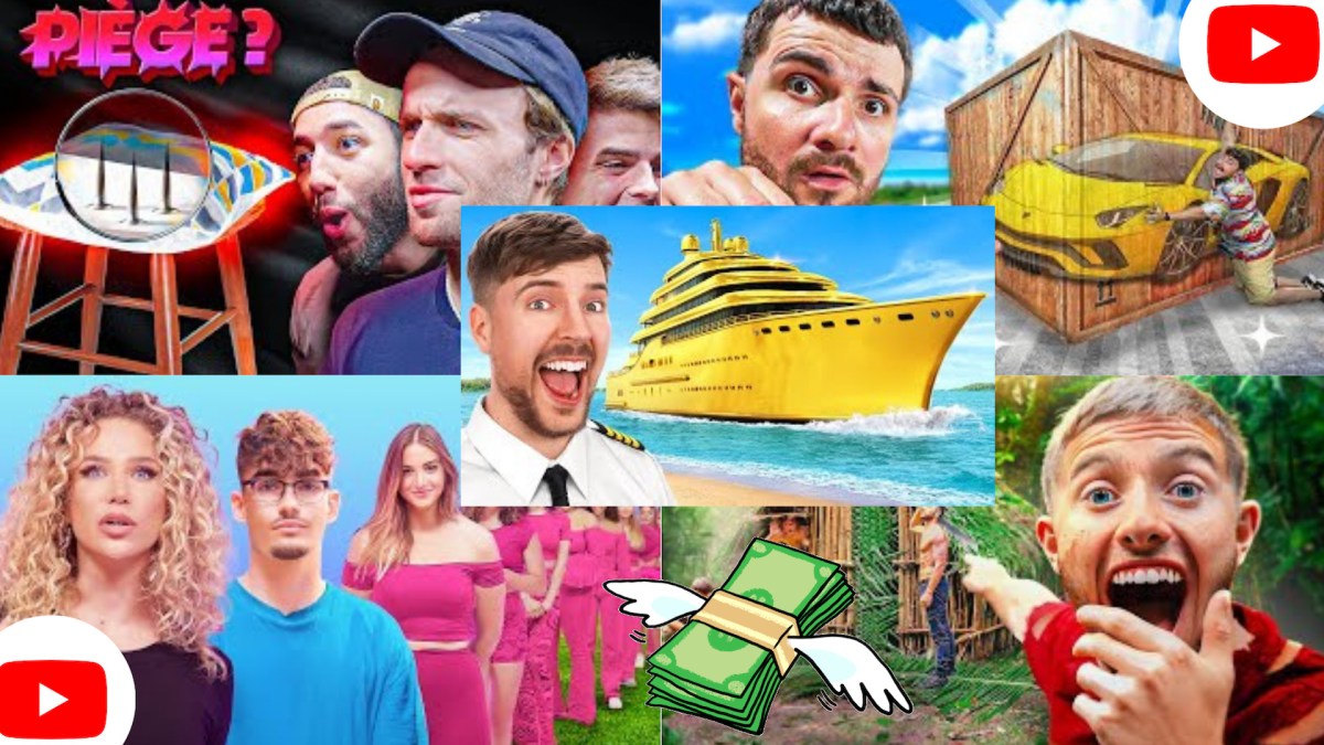 Les superproductions à concept, la grosse tendance sur Youtube. // Source : Vidéos Youtube de Squeezie, d'Amixem, d'Océane, de Mr Beast et de Michou. Montage Numerama avec Canva. Les superproductions à concept, la grosse tendance sur Youtube. // Source : Vidéos Youtube de Squeezie, d'Amixem, d'Océane, de Mr Beast et de Michou. Montage Numerama avec Canva.