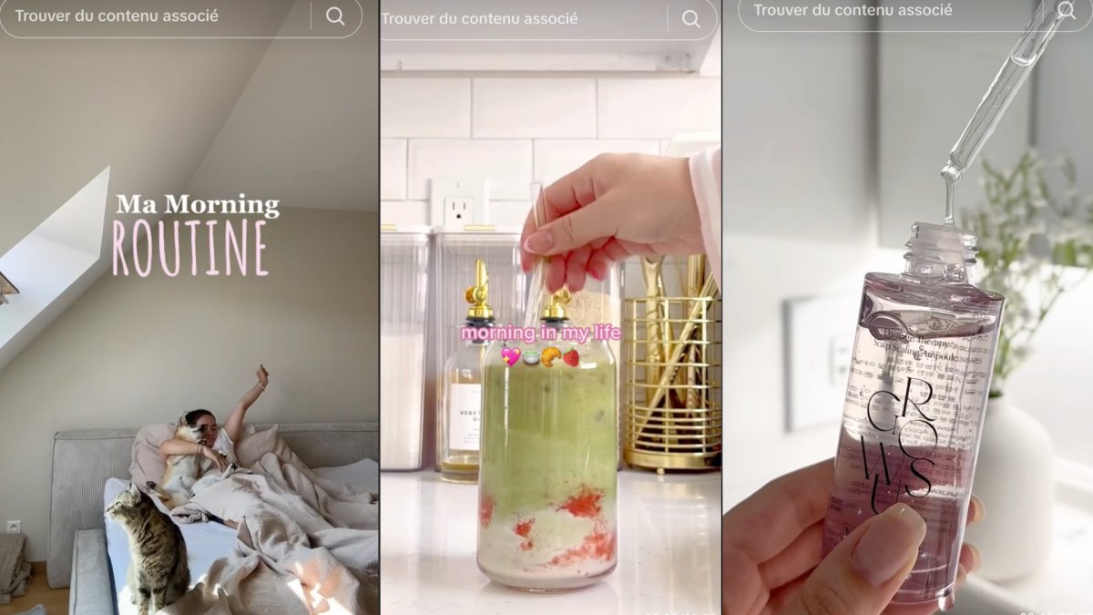 Sur TikTok, la morning routine est partout // Source : TikTok de @roselucyy, @lifewpheebz Captures d'écran et montage Numerama avec Canva. Sur TikTok, la morning routine est partout // Source : TikTok de @roselucyy, @lifewpheebz Captures d'écran et montage Numerama avec Canva.