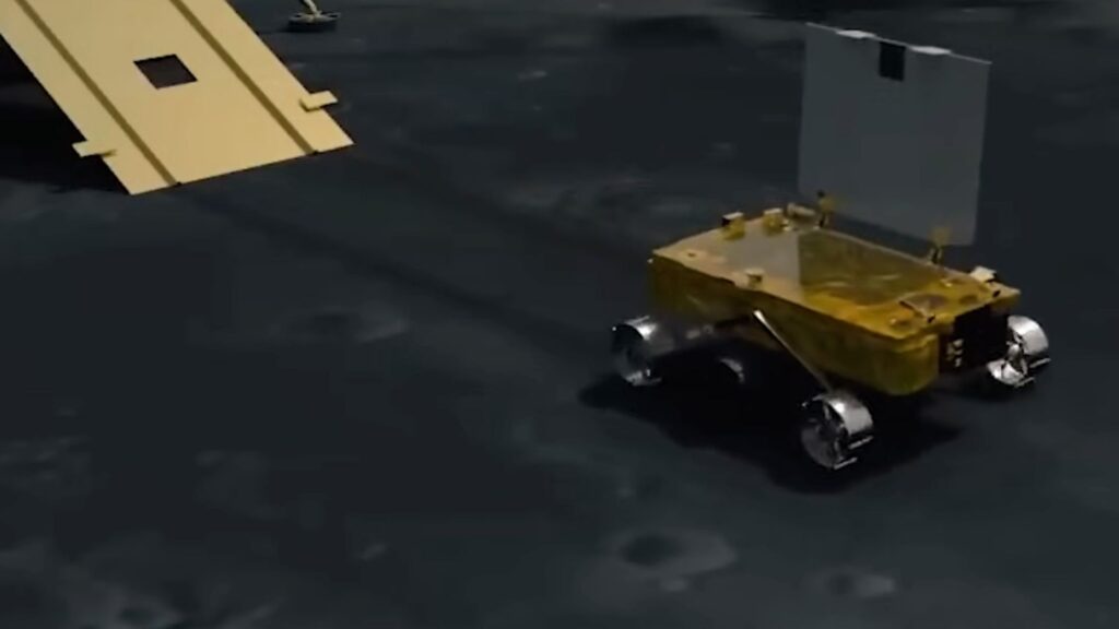 Le rover de Chandrayaan-3 sur la Lune, vue d'artiste. // Source : Capture d'écran YouTube Industan Times Le rover de Chandrayaan-3 sur la Lune, vue d'artiste. // Source : Capture d'écran YouTube Industan Times