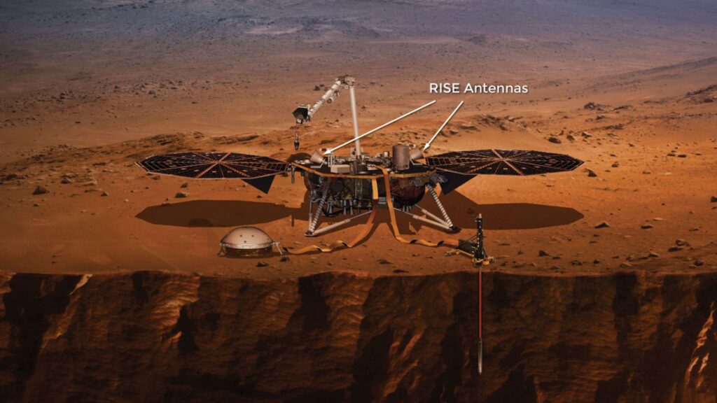 Vue d'artiste d'InSight sur Mars et son instrument RISE. // Source : Nasa Vue d'artiste d'InSight sur Mars et son instrument RISE. // Source : Nasa