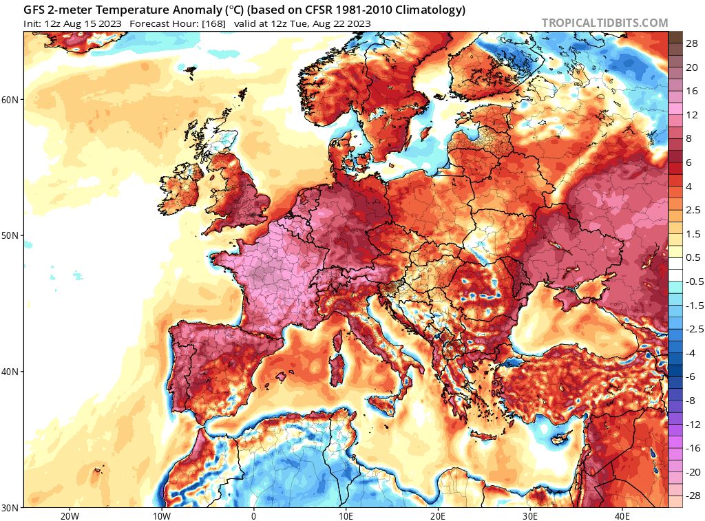 Carte des anomalies de température en août 2023 par rapport aux normales 1980-2010. // Source : Serge Zaka/TropicalTidBits Carte des anomalies de température en août 2023 par rapport aux normales 1980-2010. // Source : Serge Zaka/TropicalTidBits