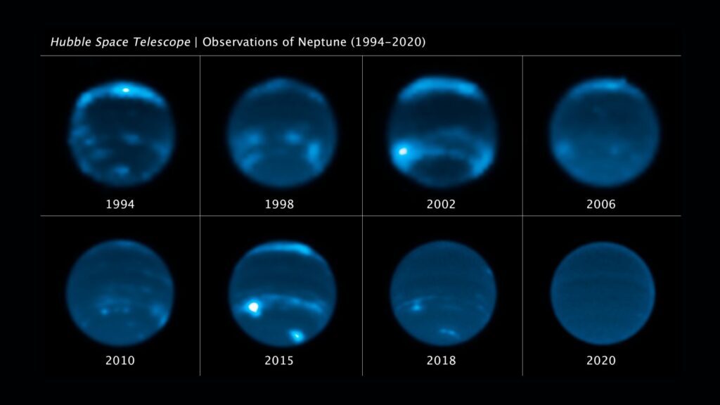 L'évolution des nuages sur Neptune. // Source : NASA, ESA, Erandi Chavez (UC Berkeley), Imke de Pater (UC Berkeley) L'évolution des nuages sur Neptune. // Source : NASA, ESA, Erandi Chavez (UC Berkeley), Imke de Pater (UC Berkeley)