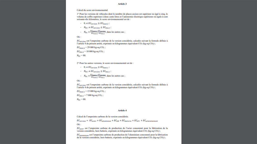 Formule de calcul du score environnemental // Source : Projet d'arrêté Formule de calcul du score environnemental // Source : Projet d'arrêté