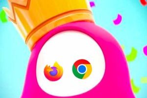 Le logo de Fall Guys avec les logos de Shadow, Firefox et Chrome. // Source : Montage Numerama Le logo de Fall Guys avec les logos de Shadow, Firefox et Chrome. // Source : Montage Numerama