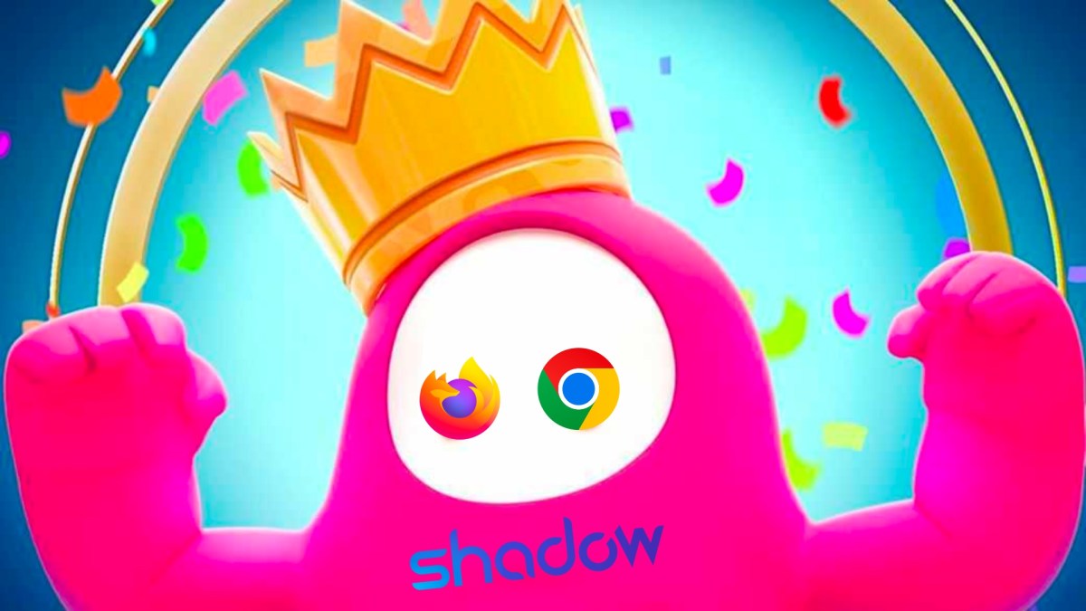 Le logo de Fall Guys avec les logos de Shadow, Firefox et Chrome. // Source : Montage Numerama Le logo de Fall Guys avec les logos de Shadow, Firefox et Chrome. // Source : Montage Numerama