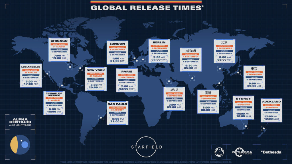 Les horaires de lancement de Starfield // Source : Bethesda Les horaires de lancement de Starfield // Source : Bethesda