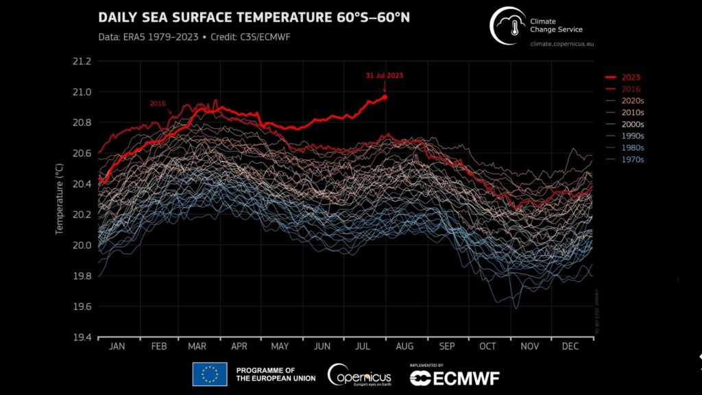 La température moyenne de la surface de la mer, juillet 2023, en comparaison des autres années. // Source : Copernicus La température moyenne de la surface de la mer, juillet 2023, en comparaison des autres années. // Source : Copernicus