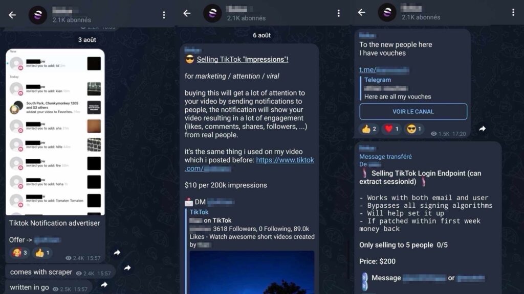 Un groupe Telegram propose de vendre des bots de notifications // Source : Captures d'écran et Montage Numerama Un groupe Telegram propose de vendre des bots de notifications // Source : Captures d'écran et Montage Numerama