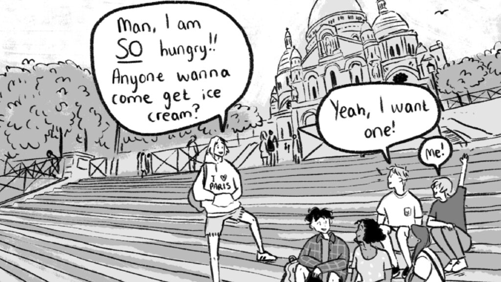 Nick, Charlie et les autres visitent le Sacré Coeur dans le tome 3 de Heartstopper // Source : Alice Oseman - Tumblr Nick, Charlie et les autres visitent le Sacré Coeur dans le tome 3 de Heartstopper // Source : Alice Oseman - Tumblr