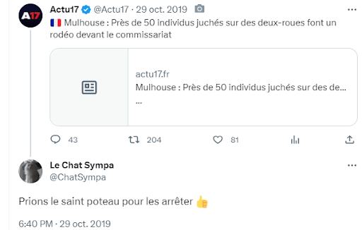 Commentaire d'un usager de X priant le « saint poteau » d'ôter la vie aux participants d'un rodéo urbain // Source : Capture d'écran Numerama le 30/08/23 Commentaire d'un usager de X priant le « saint poteau » d'ôter la vie aux participants d'un rodéo urbain // Source : Capture d'écran Numerama le 30/08/23